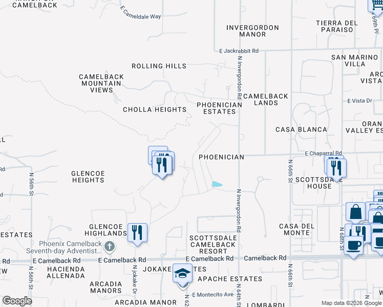map of restaurants, bars, coffee shops, grocery stores, and more near North Phoenician Boulevard in Paradise Valley