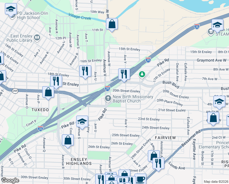 map of restaurants, bars, coffee shops, grocery stores, and more near 2341 20th Street Ensley in Birmingham