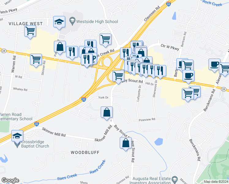 map of restaurants, bars, coffee shops, grocery stores, and more near 2602 Commons Boulevard in Augusta