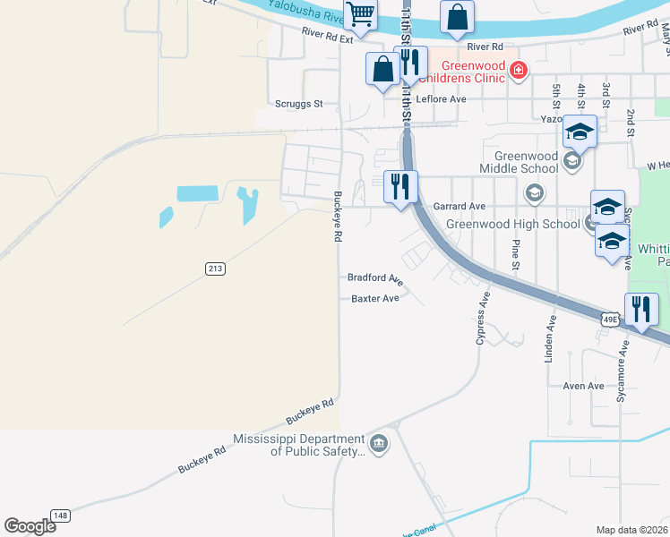 map of restaurants, bars, coffee shops, grocery stores, and more near 514 Buckeye Road in Greenwood