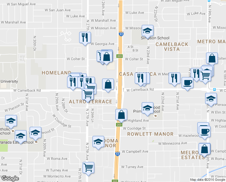 map of restaurants, bars, coffee shops, grocery stores, and more near 2525 West Camelback Road in Phoenix