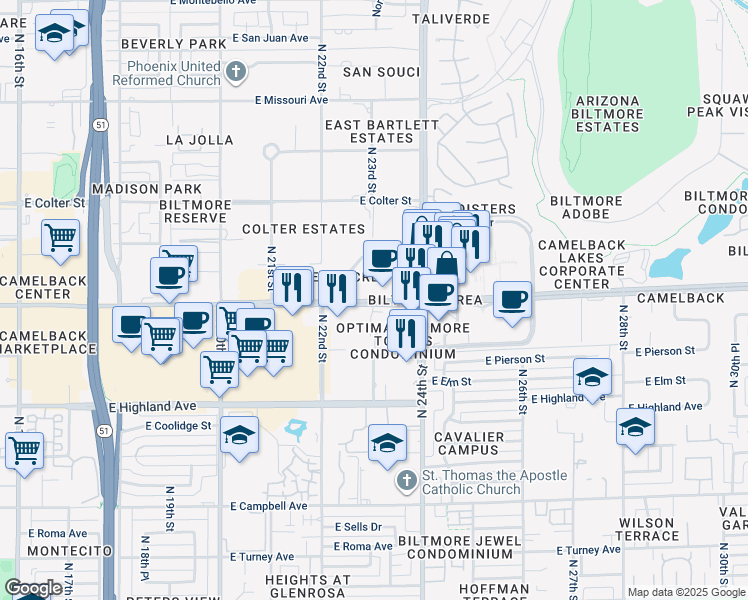 map of restaurants, bars, coffee shops, grocery stores, and more near 2300 E Camelback Rd in Phoenix