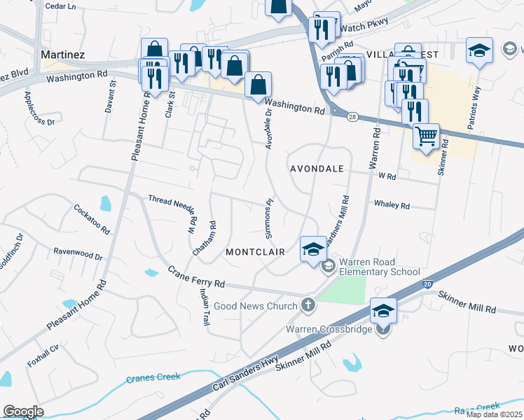 map of restaurants, bars, coffee shops, grocery stores, and more near 3303 Old Church Road in Augusta