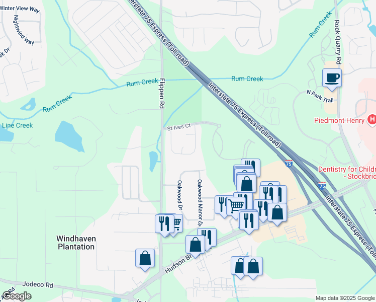 map of restaurants, bars, coffee shops, grocery stores, and more near 119 Saint Margrit Circle in Stockbridge