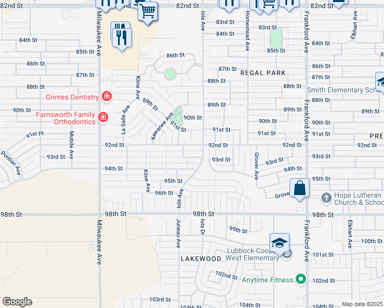 map of restaurants, bars, coffee shops, grocery stores, and more near 6105 92nd Street in Lubbock