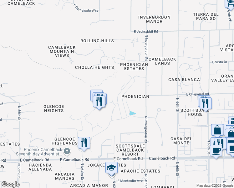 map of restaurants, bars, coffee shops, grocery stores, and more near North Phoenician Boulevard in Paradise Valley