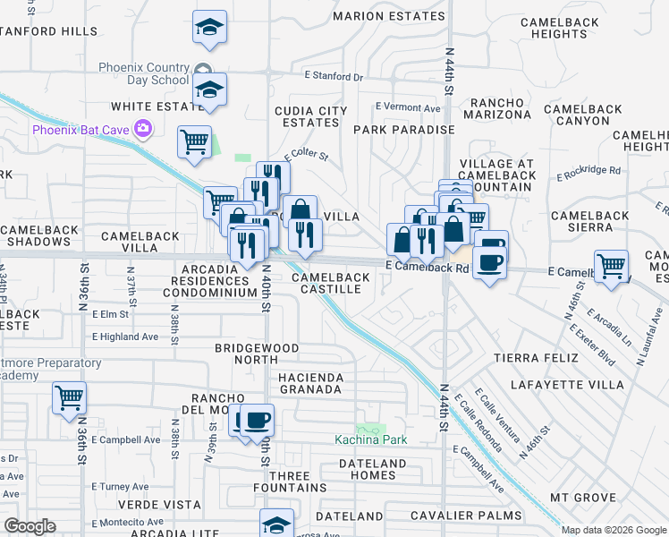 map of restaurants, bars, coffee shops, grocery stores, and more near 4132 East Camelback Road in Phoenix