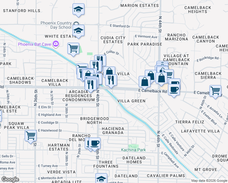 map of restaurants, bars, coffee shops, grocery stores, and more near 4106 East Camelback Road in Phoenix