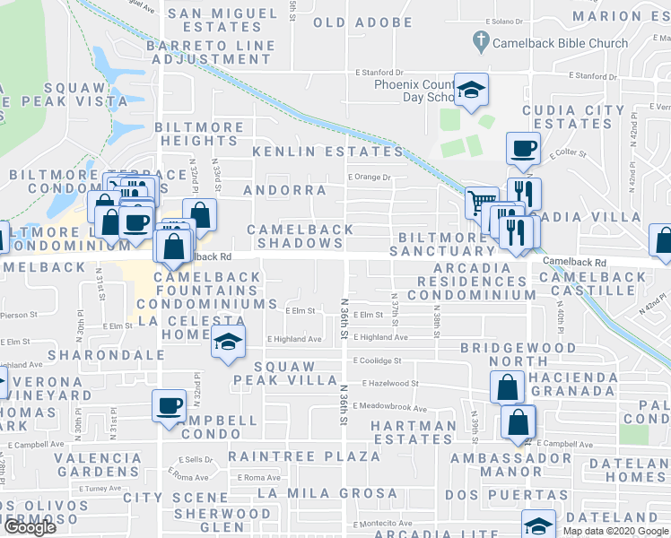 map of restaurants, bars, coffee shops, grocery stores, and more near 3532 East Camelback Road in Phoenix
