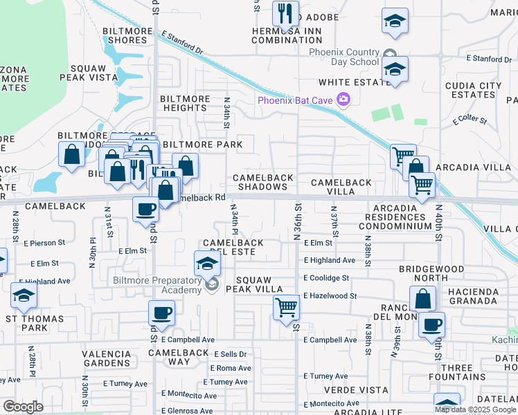 map of restaurants, bars, coffee shops, grocery stores, and more near 3444 East Camelback Road in Phoenix
