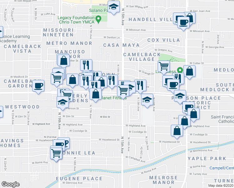 map of restaurants, bars, coffee shops, grocery stores, and more near 1545 West Camelback Road in Phoenix