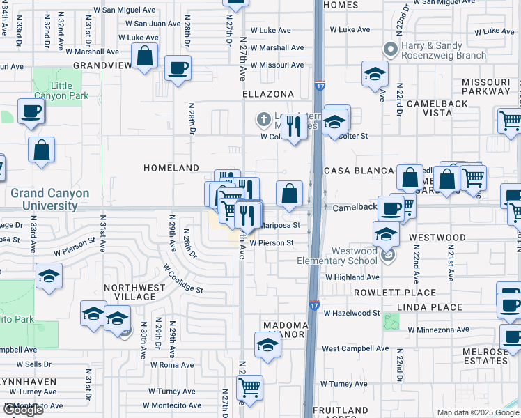 map of restaurants, bars, coffee shops, grocery stores, and more near 2650 West Camelback Road in Phoenix