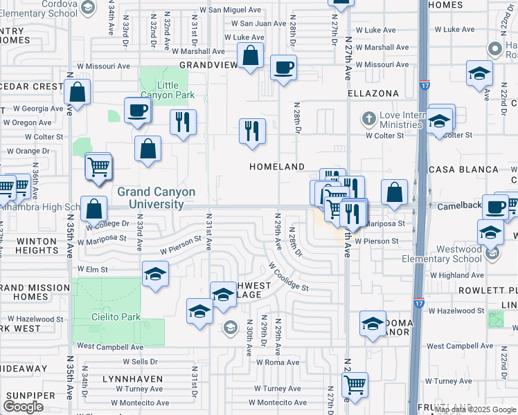 map of restaurants, bars, coffee shops, grocery stores, and more near 2930-2932 West Camelback Road in Phoenix