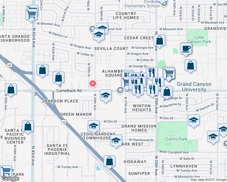 map of restaurants, bars, coffee shops, grocery stores, and more near 3740 West Camelback Road in Phoenix