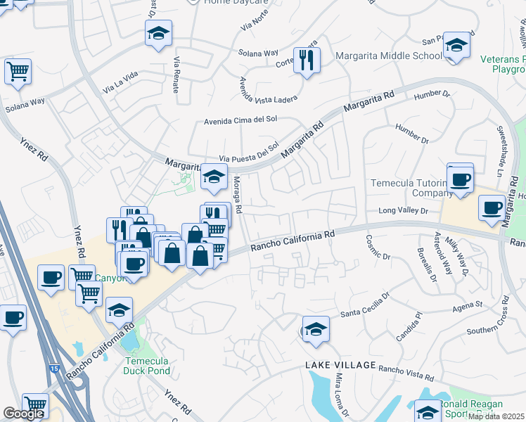 map of restaurants, bars, coffee shops, grocery stores, and more near 42200 Moraga Road in Temecula
