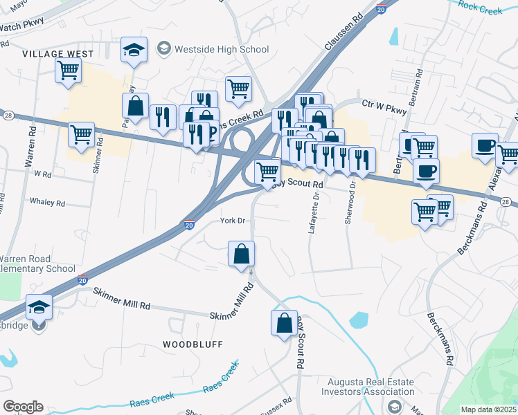 map of restaurants, bars, coffee shops, grocery stores, and more near 214 Boy Scout Road in Augusta