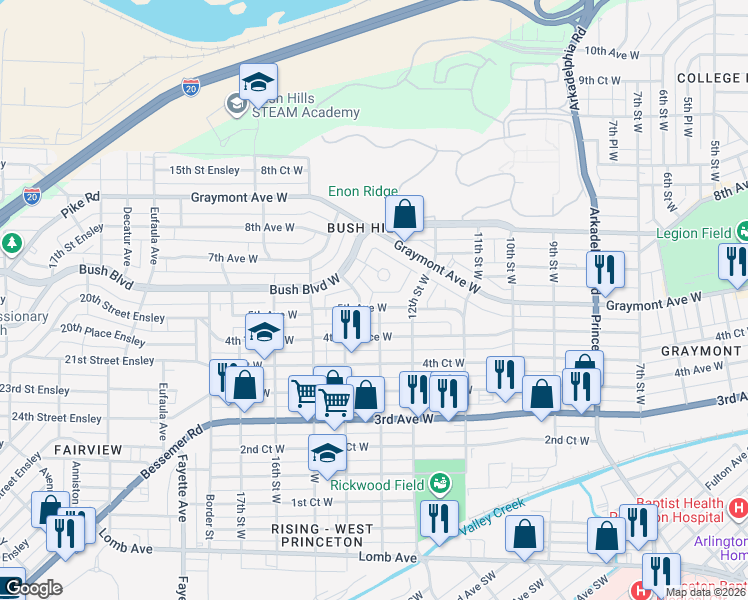 map of restaurants, bars, coffee shops, grocery stores, and more near 509 14th Street West in Birmingham