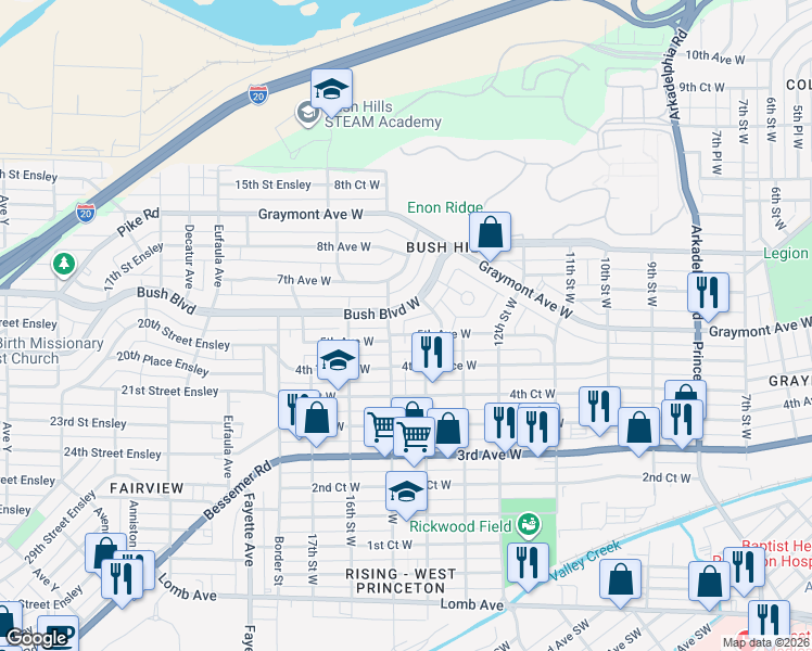 map of restaurants, bars, coffee shops, grocery stores, and more near 1411 Bush Boulevard West in Birmingham