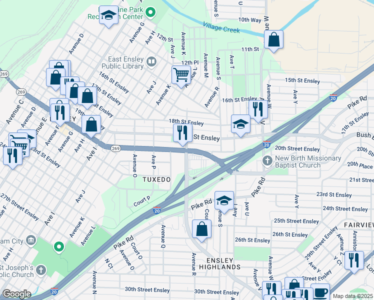 map of restaurants, bars, coffee shops, grocery stores, and more near 1912 Ensley Avenue in Birmingham