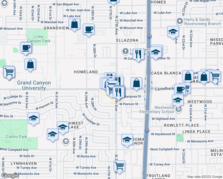 map of restaurants, bars, coffee shops, grocery stores, and more near in Phoenix