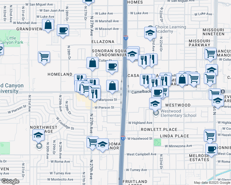 map of restaurants, bars, coffee shops, grocery stores, and more near 2525 West Camelback Road in Phoenix