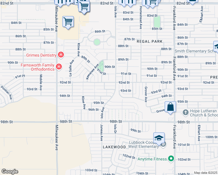 map of restaurants, bars, coffee shops, grocery stores, and more near 6105 92nd Street in Lubbock