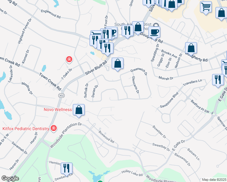 map of restaurants, bars, coffee shops, grocery stores, and more near 39 Suffolk Drive in Aiken