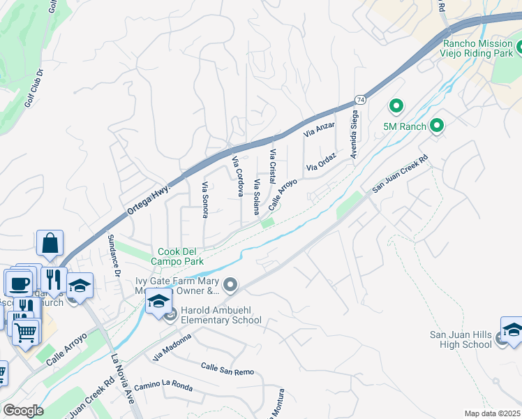 map of restaurants, bars, coffee shops, grocery stores, and more near 31204 Via Solana in San Juan Capistrano
