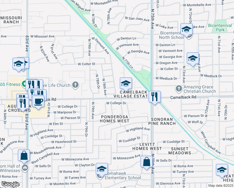 map of restaurants, bars, coffee shops, grocery stores, and more near 5007 North 77th Drive in Glendale