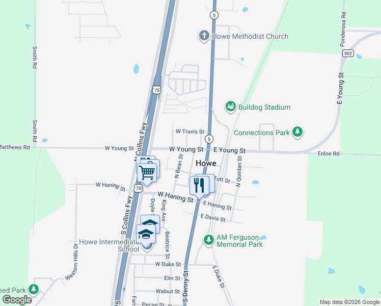 map of restaurants, bars, coffee shops, grocery stores, and more near 207 West Young Street in Howe