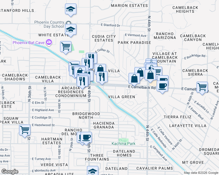 map of restaurants, bars, coffee shops, grocery stores, and more near 4106 East Camelback Road in Phoenix