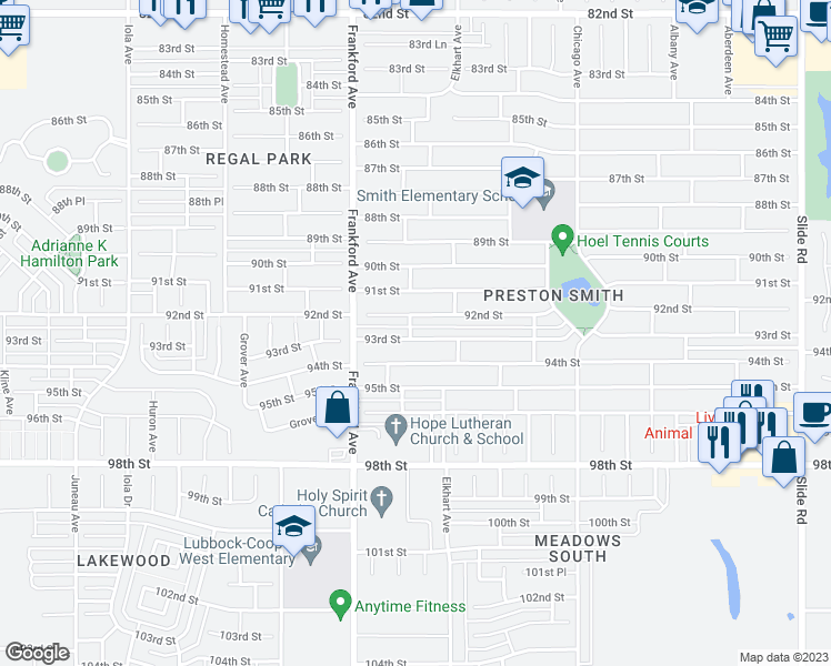 map of restaurants, bars, coffee shops, grocery stores, and more near 5716 93rd Street in Lubbock