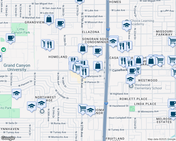 map of restaurants, bars, coffee shops, grocery stores, and more near 2625 West Camelback Road in Phoenix