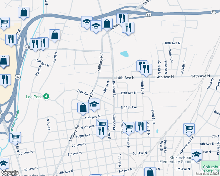 map of restaurants, bars, coffee shops, grocery stores, and more near 1324 15th Street North in Columbus