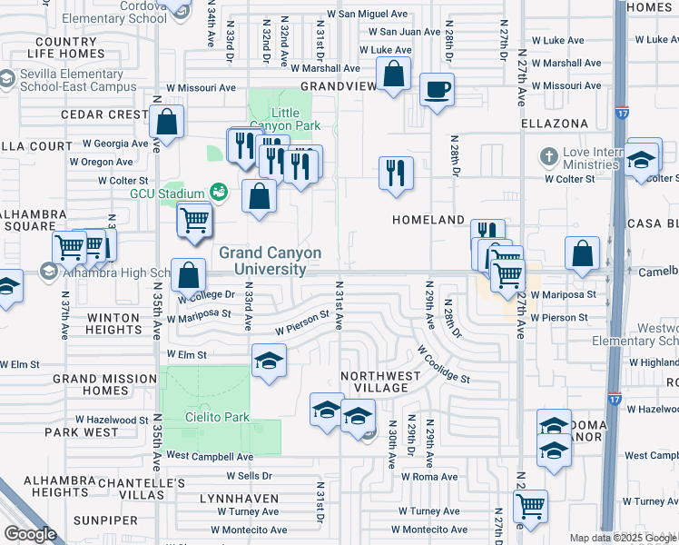map of restaurants, bars, coffee shops, grocery stores, and more near W Camelback Rd & N 31st Ave in Phoenix
