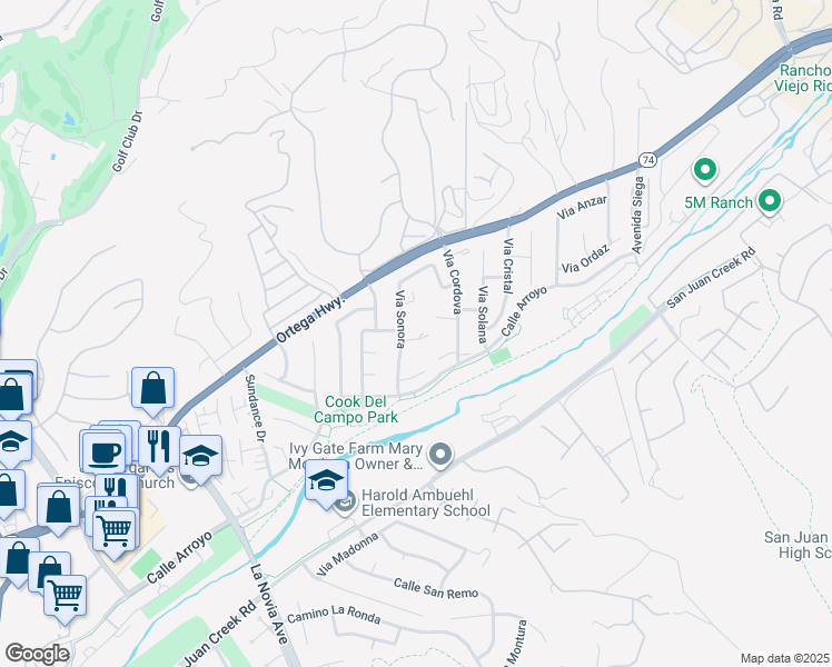 map of restaurants, bars, coffee shops, grocery stores, and more near 31172 Via Sonora in San Juan Capistrano