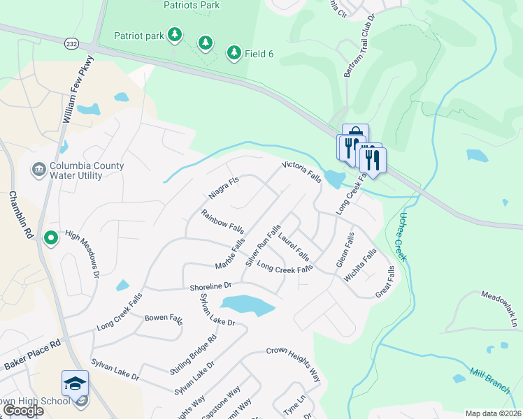 map of restaurants, bars, coffee shops, grocery stores, and more near 5446 Victoria Falls in Grovetown