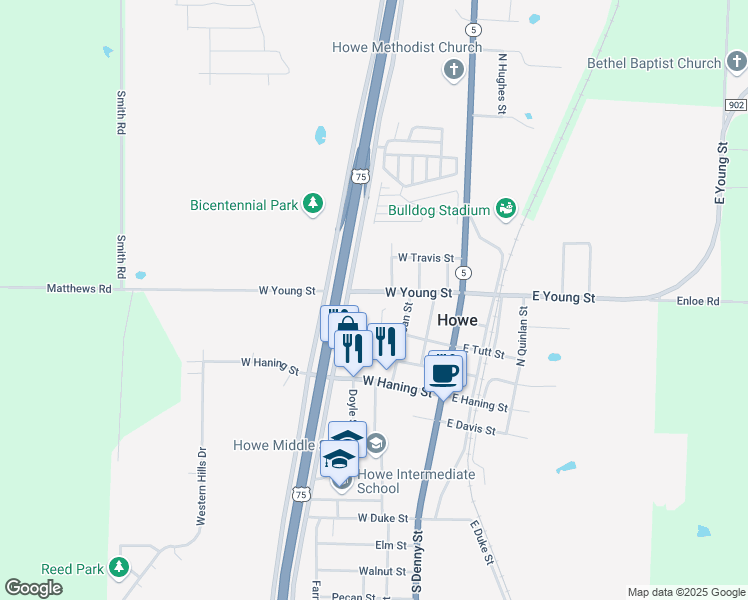 map of restaurants, bars, coffee shops, grocery stores, and more near 420 West Young Street in Howe