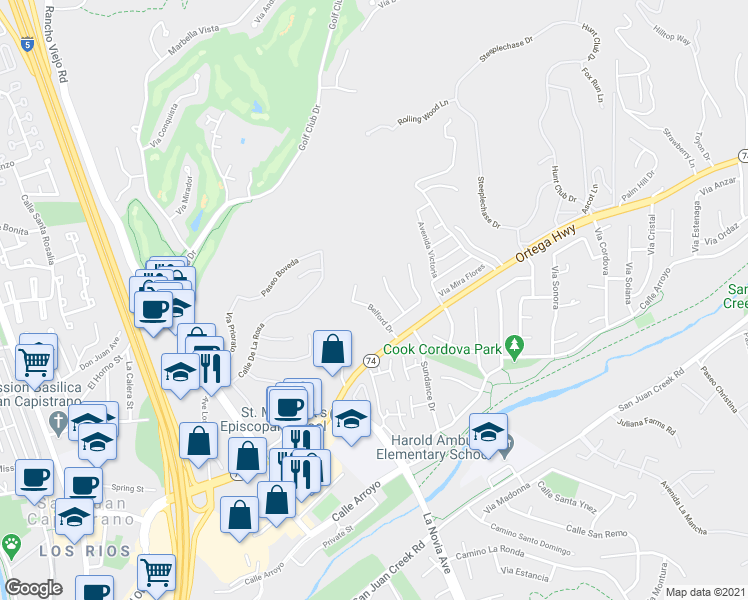 map of restaurants, bars, coffee shops, grocery stores, and more near 31226 Belford Drive in San Juan Capistrano