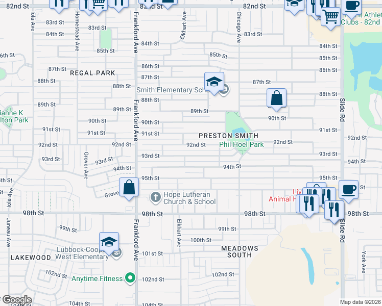 map of restaurants, bars, coffee shops, grocery stores, and more near 5533 92nd Street in Lubbock