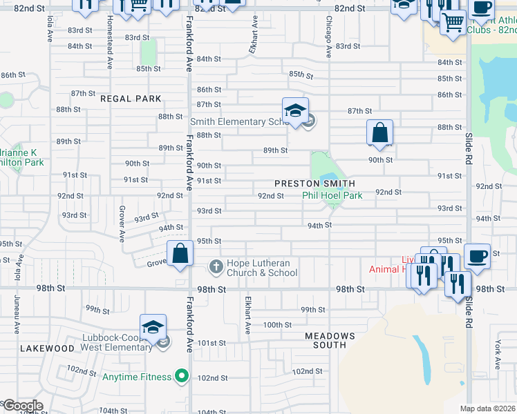 map of restaurants, bars, coffee shops, grocery stores, and more near 5568 93rd Street in Lubbock