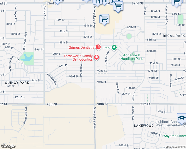 map of restaurants, bars, coffee shops, grocery stores, and more near 6509 92nd Street in Lubbock