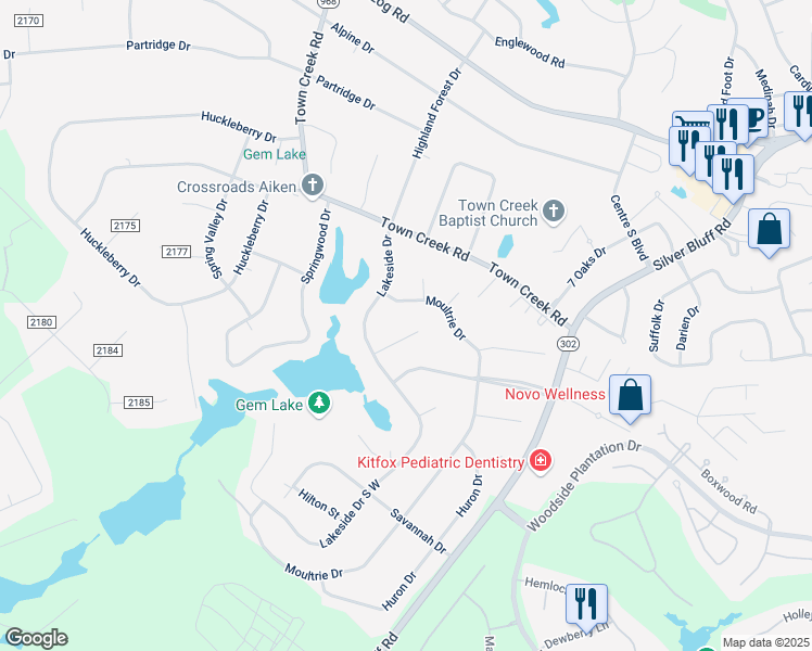 map of restaurants, bars, coffee shops, grocery stores, and more near 220 Lakeside Drive in Aiken
