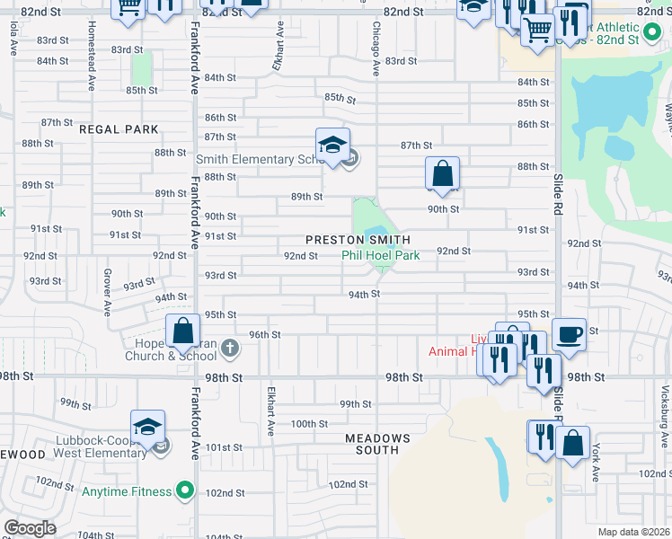 map of restaurants, bars, coffee shops, grocery stores, and more near 5507 92nd Street in Lubbock