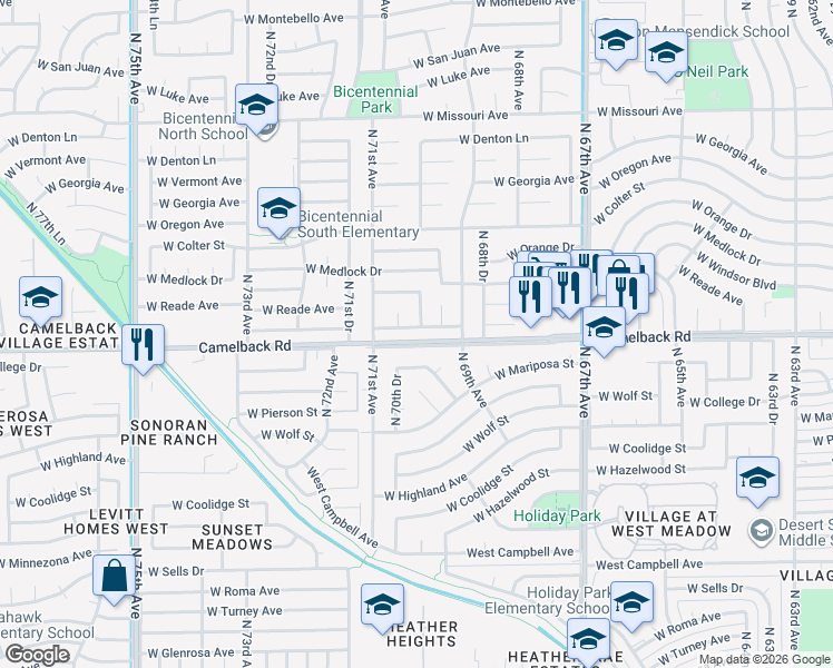 map of restaurants, bars, coffee shops, grocery stores, and more near 5022 North 69th Drive in Glendale