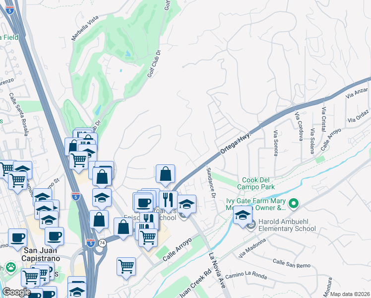 map of restaurants, bars, coffee shops, grocery stores, and more near 31226 Belford Drive in San Juan Capistrano