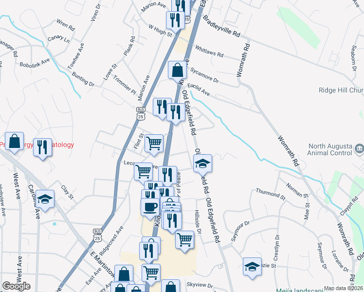 map of restaurants, bars, coffee shops, grocery stores, and more near 1526 Aiken Avenue in North Augusta