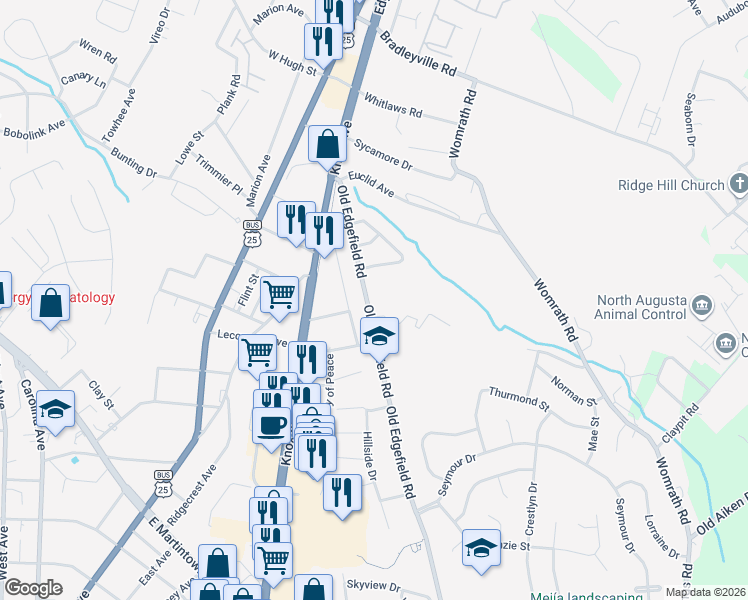 map of restaurants, bars, coffee shops, grocery stores, and more near 1201 Radiance Drive in North Augusta