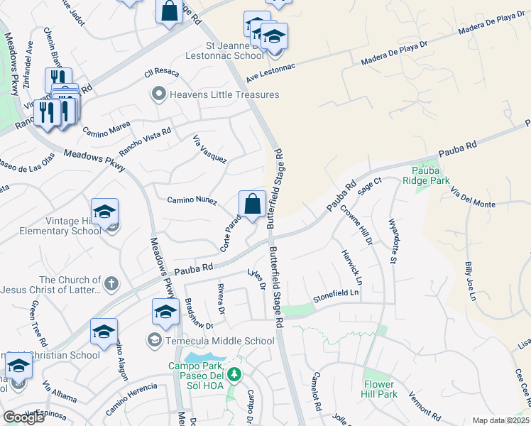 map of restaurants, bars, coffee shops, grocery stores, and more near 32417 Corte Parado in Temecula