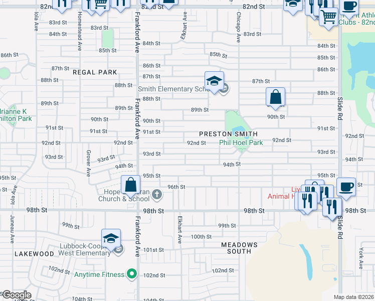 map of restaurants, bars, coffee shops, grocery stores, and more near 5568 93rd Street in Lubbock